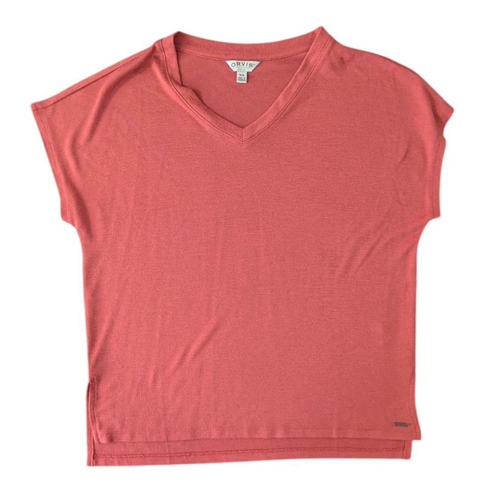 Orvis Coral Pink V-Neck Short Sleeve Top Medium Minimalist Casual Tee